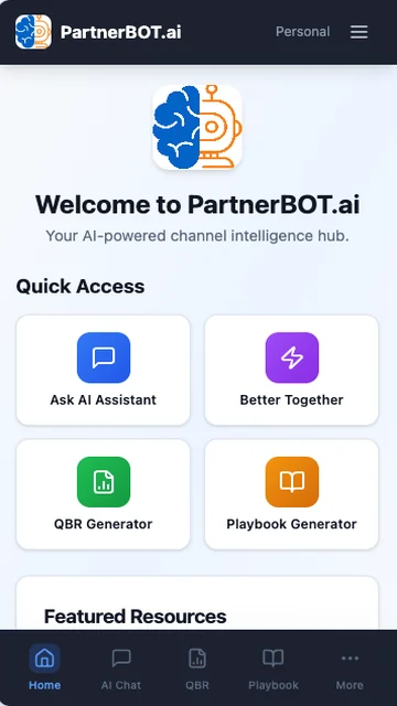 PartnerBOT.ai app home screen with quick access to the AI assistant, Better Together, QBR and Playbook generators