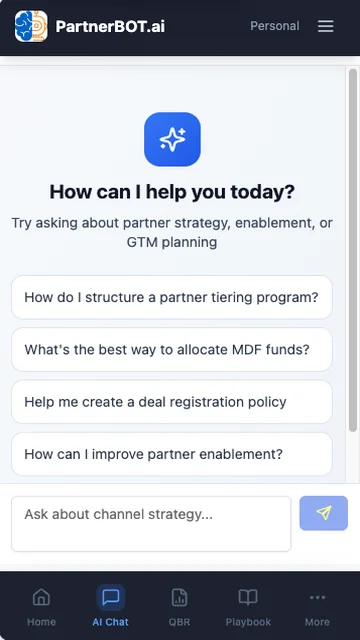PartnerBOT.ai AI chat suggesting channel questions about partner tiering, MDF, deal registration and enablement