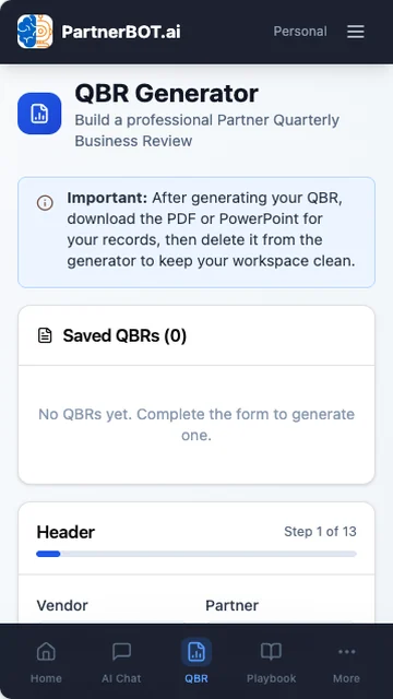 PartnerBOT.ai QBR Generator showing a guided 13-step partner quarterly business review form