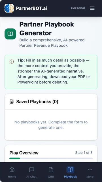 PartnerBOT.ai Partner Playbook Generator showing a guided 8-step playbook form