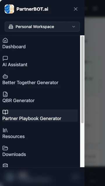 PartnerBOT.ai app menu listing the dashboard, AI assistant, generators, resources and downloads