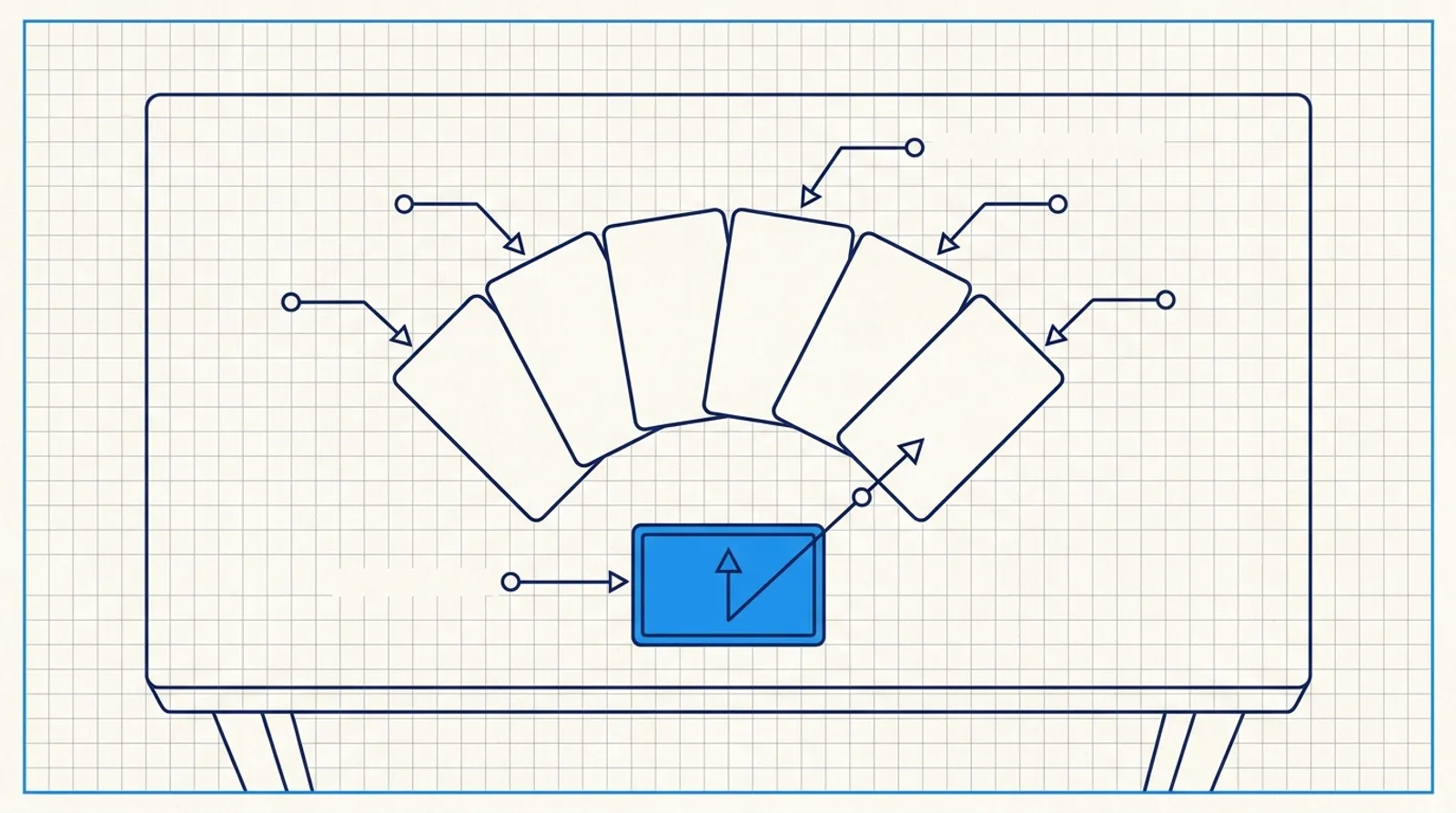 Line drawing of blank campaign cards fanned across a board, with a small blue panel pointing to the next spot