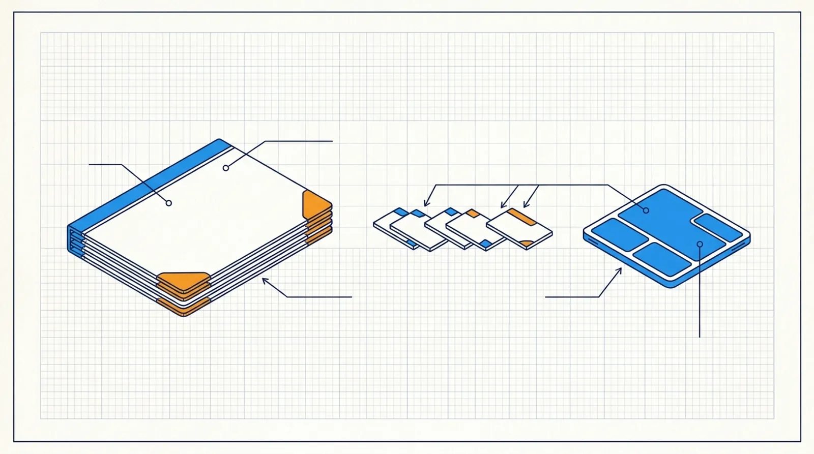 Line drawing of a stack of folders, a row of small task cards and a flat blue assistant panel
