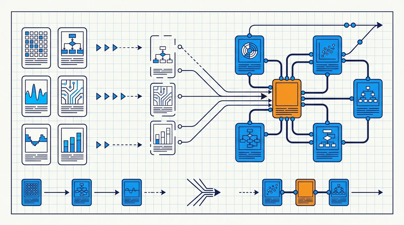 Line drawing of separate document cards flowing into a connected network around an orange hub