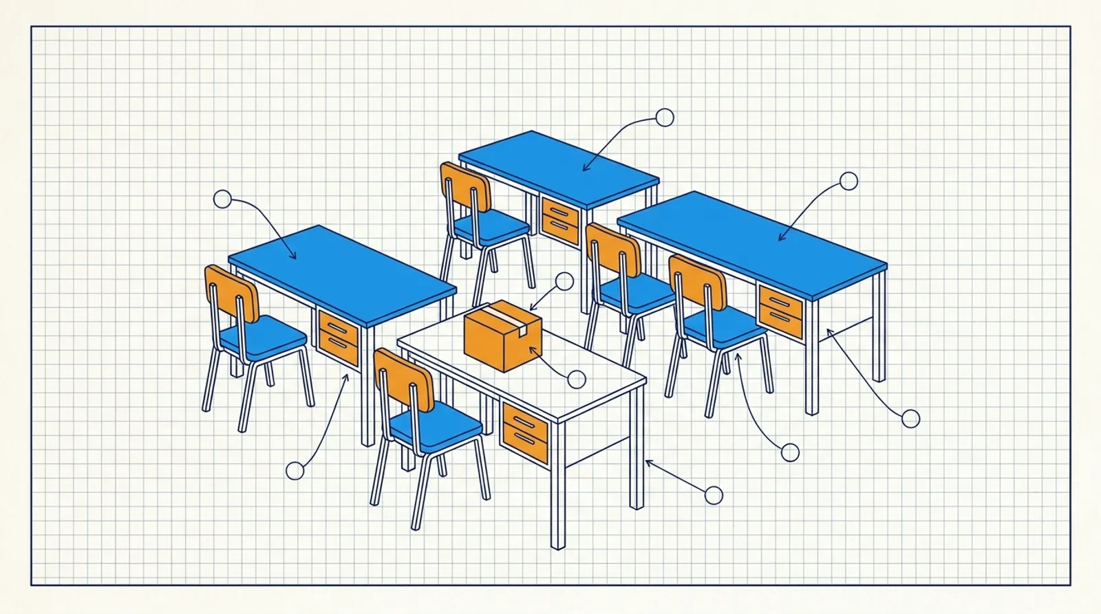 Line drawing of empty blue desks and orange chairs in a quiet office, with one small box on a desk