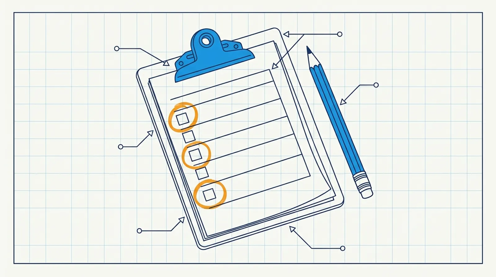 Line drawing of a clipboard checklist with three boxes circled in orange and a blue pencil beside it