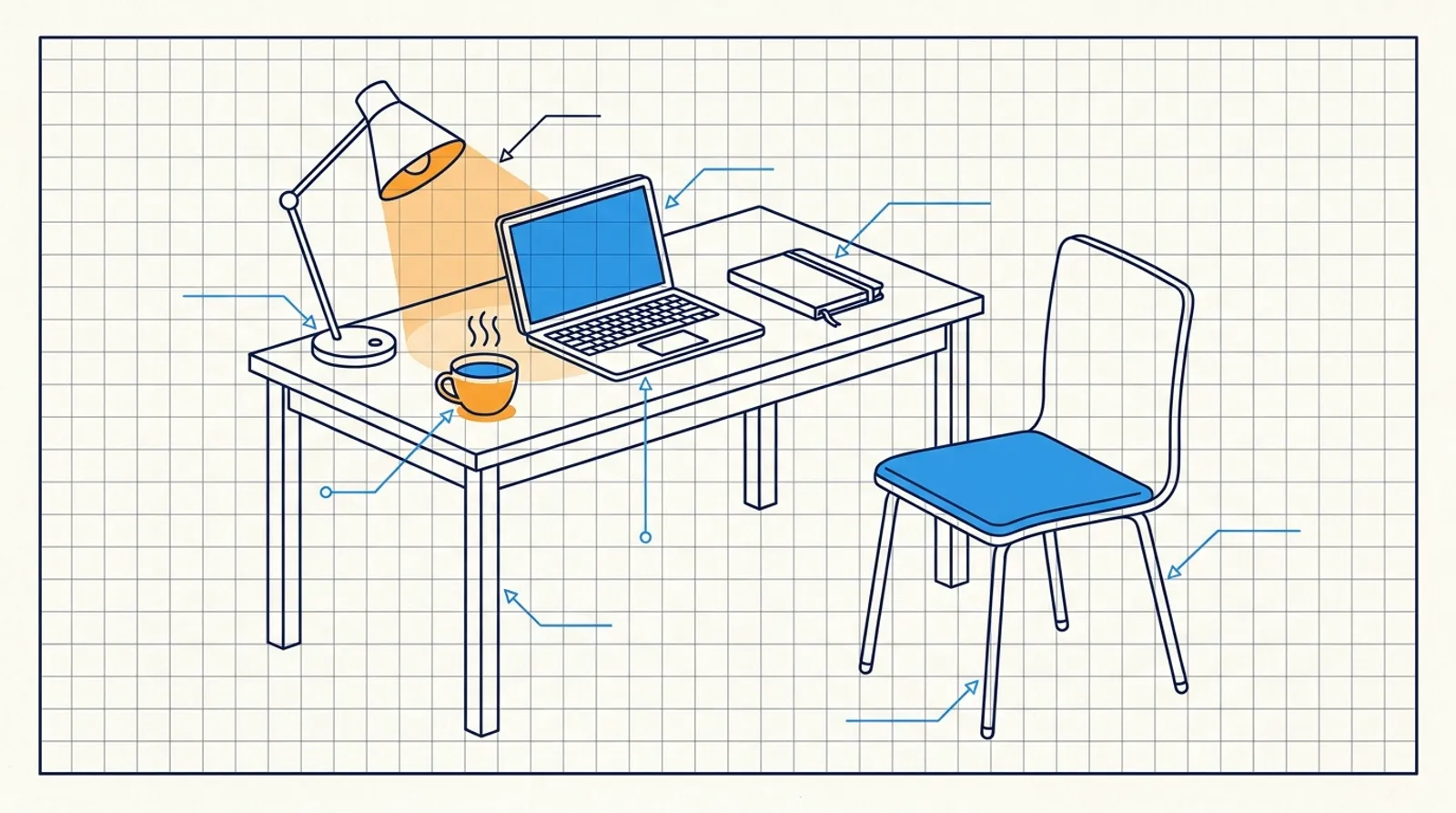 Line drawing of an empty desk with a lit lamp, open laptop, notebook and coffee beside a blue chair