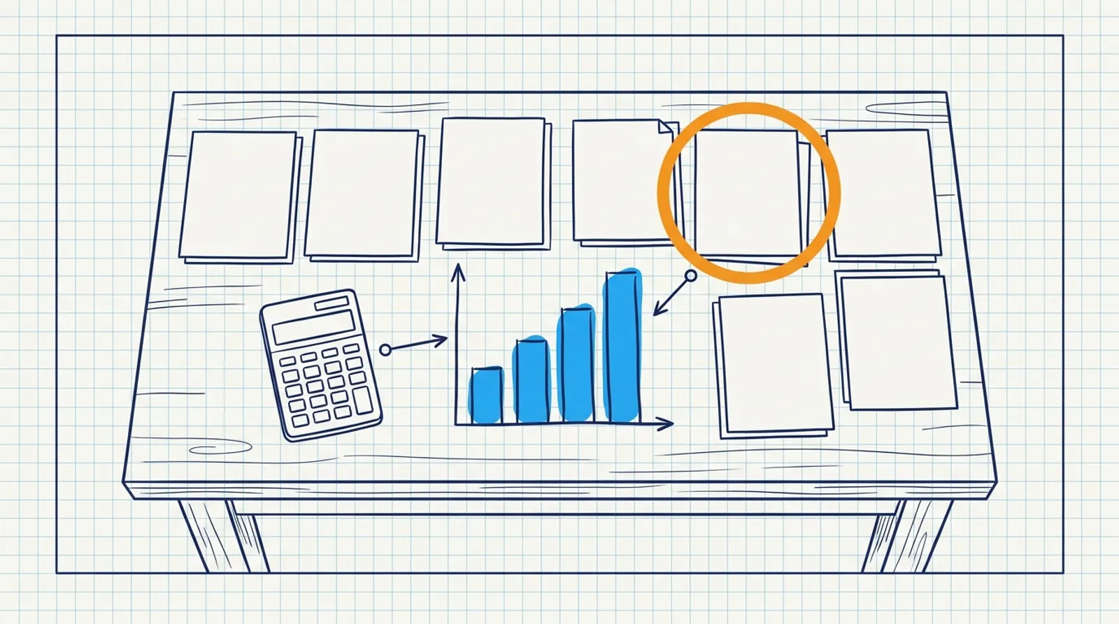 Sketch of a table covered in papers, a calculator and a rising blue bar chart, with one page circled