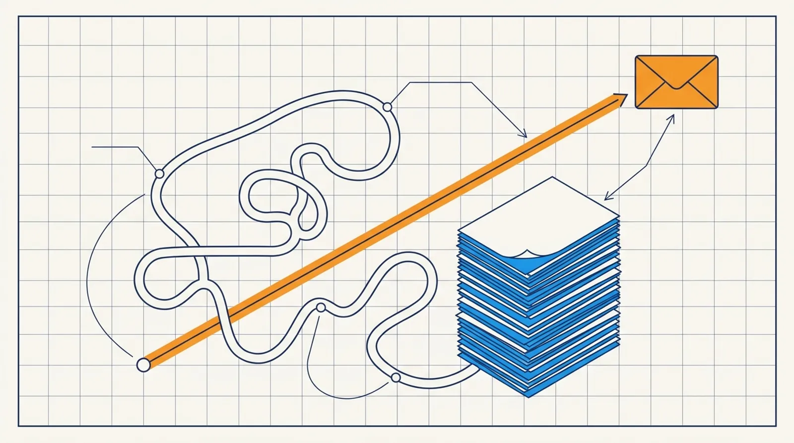 Line drawing of a tangled route ending at a paper stack beside a straight orange path to an envelope