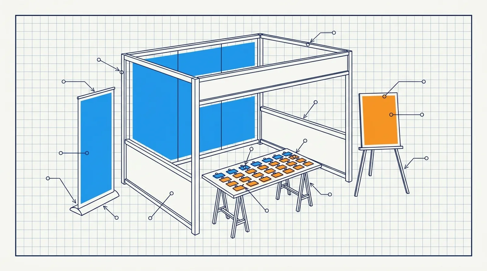 Line drawing of a trade show booth with blue panels, a banner stand, an easel and a table of name badges