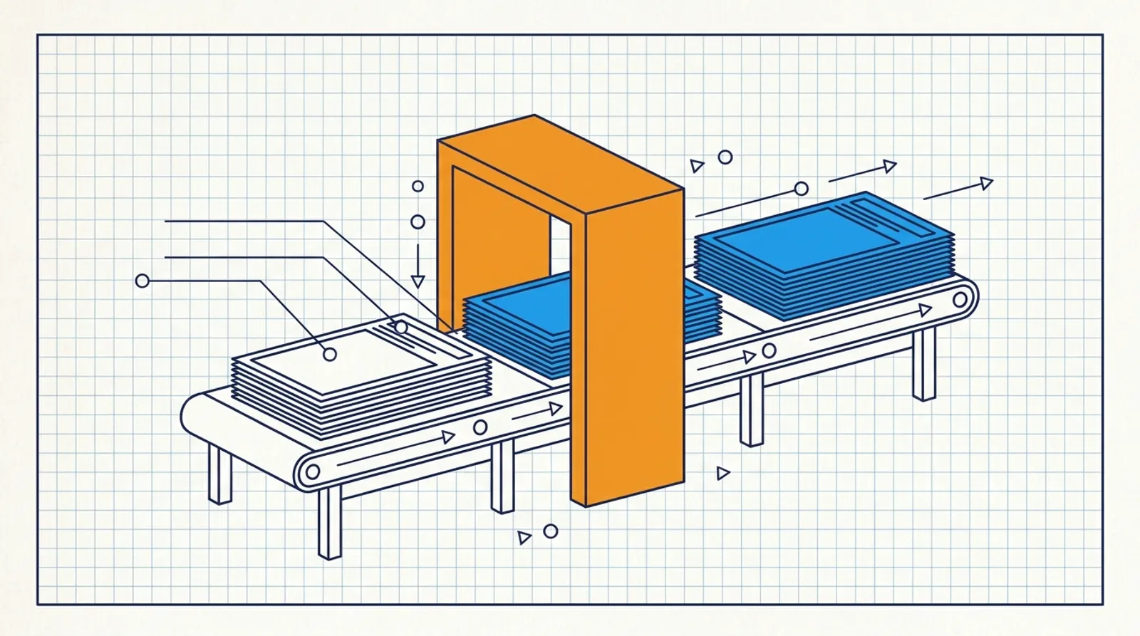 Line drawing of stacks of forms moving on a conveyor through an orange checkpoint gate