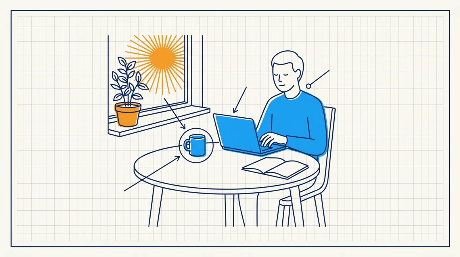 Line drawing of a person working on a laptop at a round table by a sunny window with a plant and mug