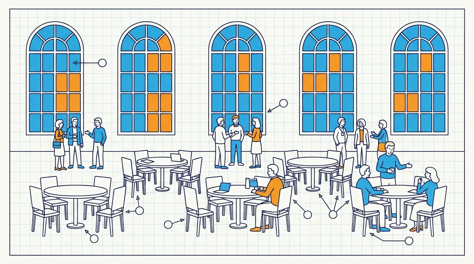 Line drawing of small groups talking between sessions in a hall with tall arched blue and orange windows