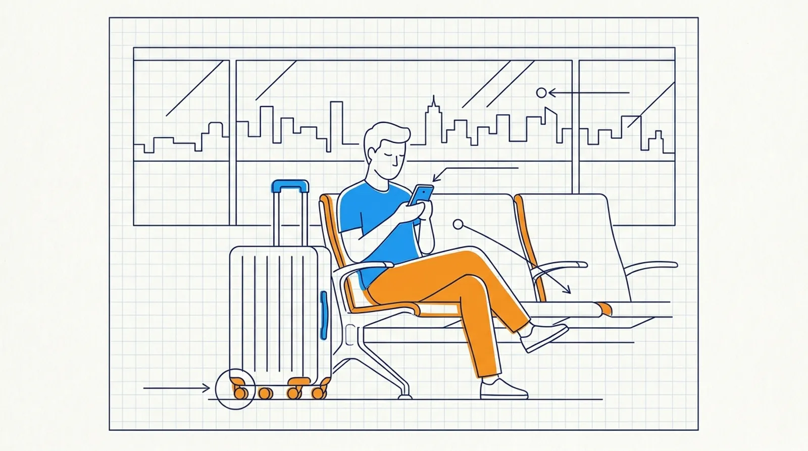 Line drawing of a traveler seated in an airport lounge using a phone next to a rolling suitcase