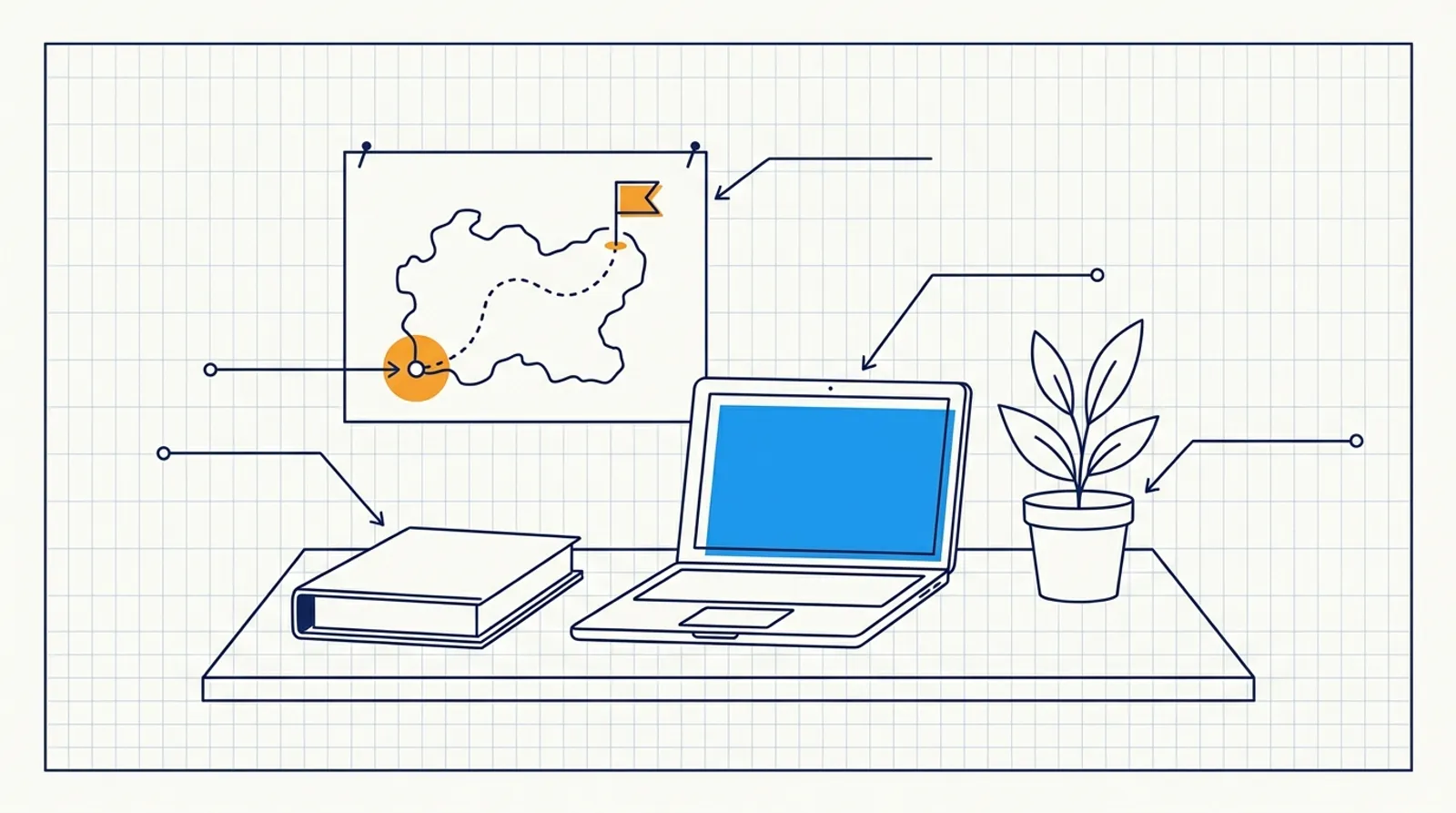 Line drawing of a desk with a binder, laptop and potted plant under a pinned map with a route and flag