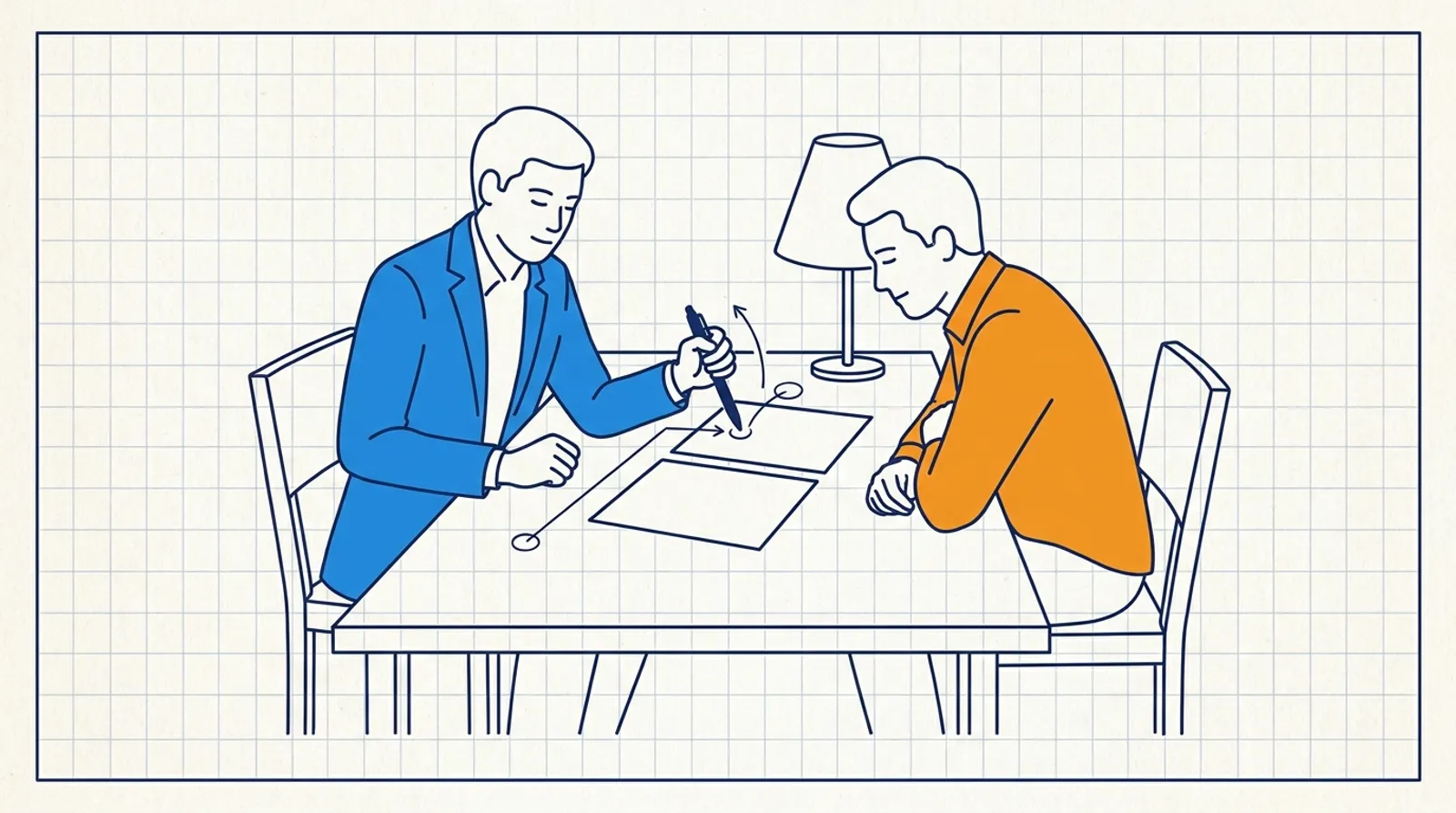 Illustration of two people at a table reviewing papers, one pointing with a pen, under a lamp