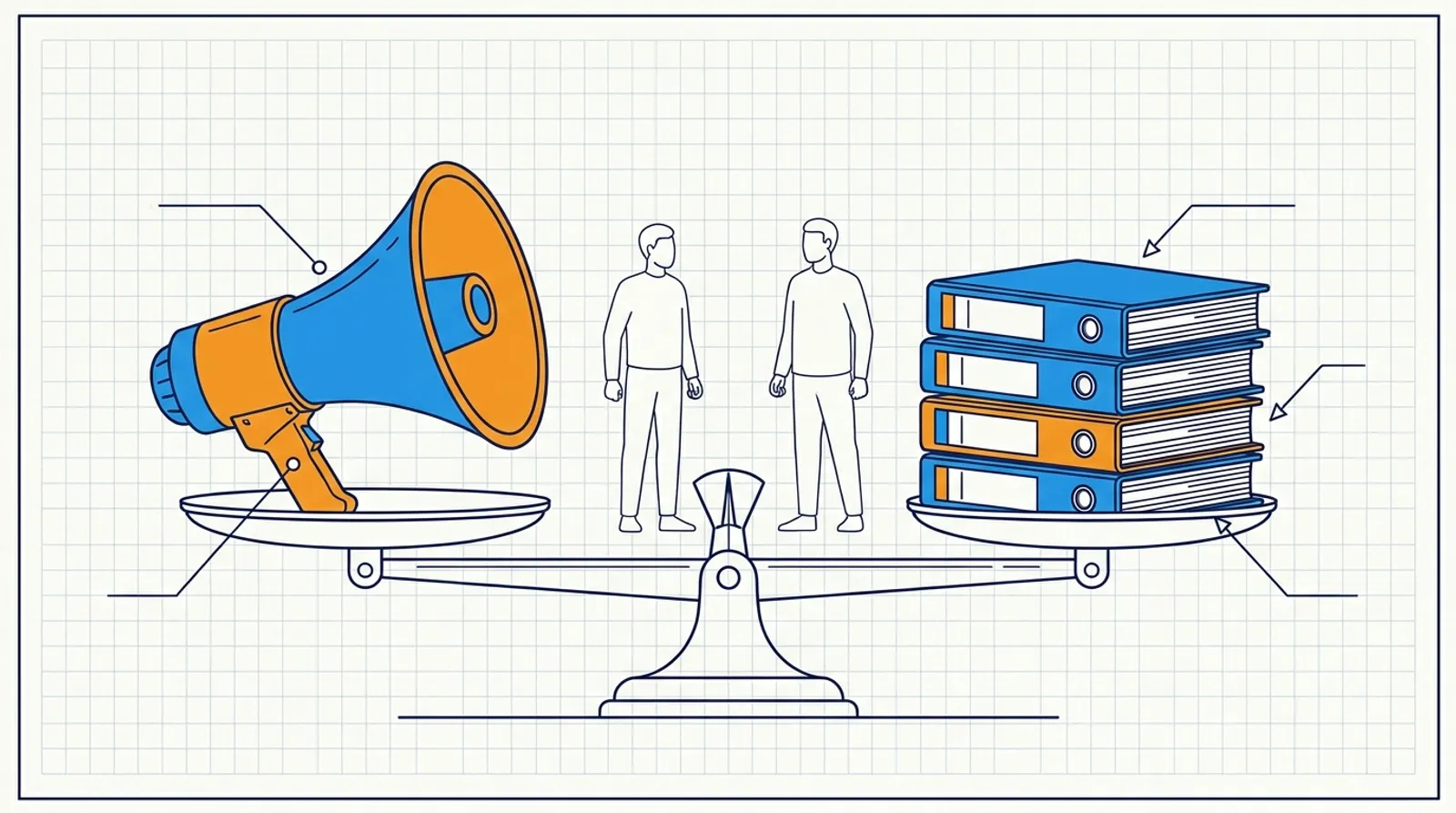 Line drawing of a balance scale with a megaphone on one side, binders on the other and two people between